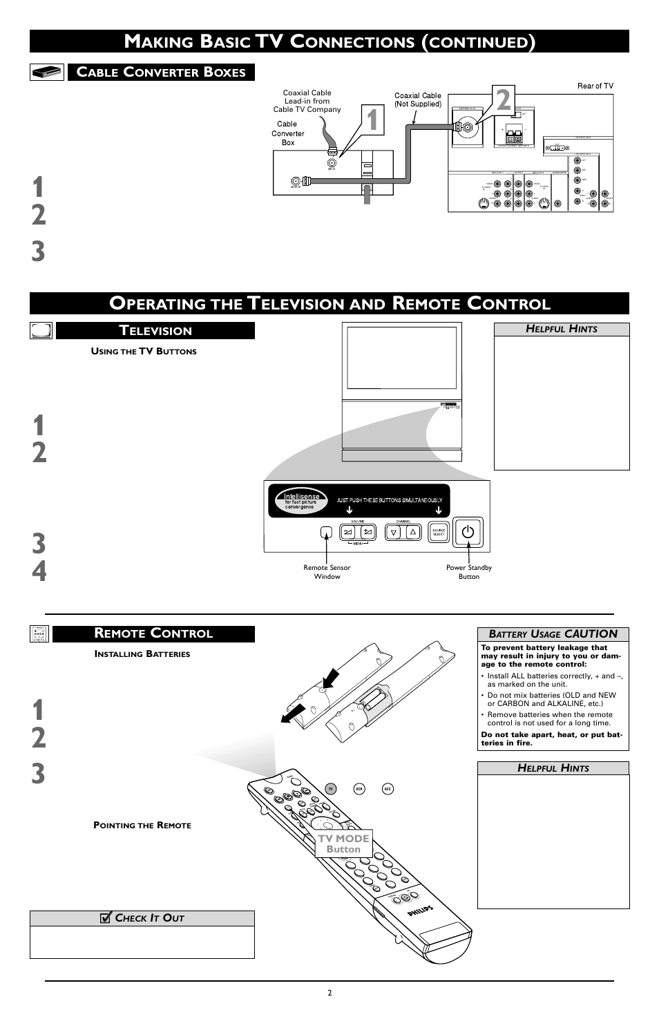 Tv c, Perating the, Elevision and | Emote, Ontrol t, Aking, Asic, Onnections, Continued, Elevision | Philips 60 in Digital Widescreen HDTV Monitor User Manual | Page 2 / 8