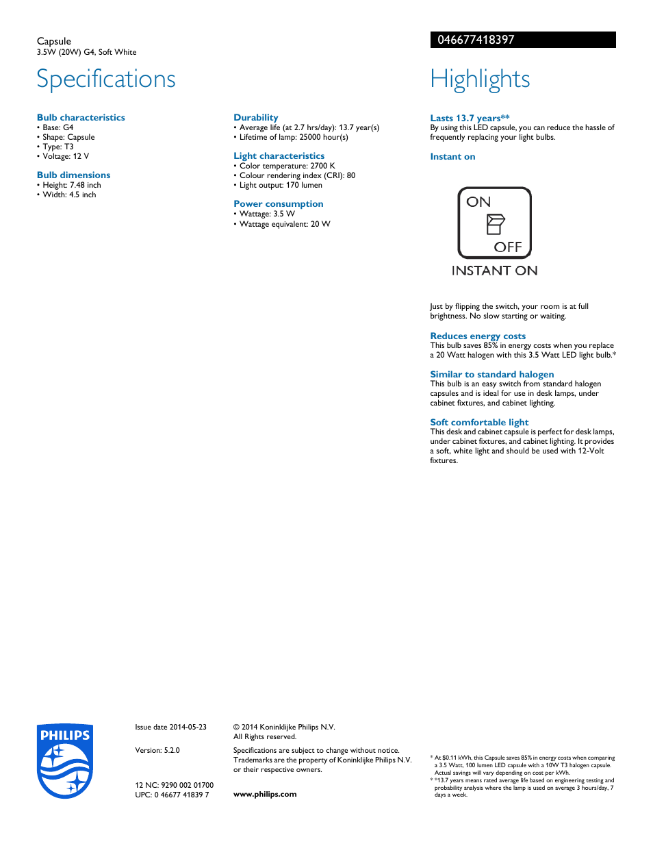 Specifications, Highlights | Philips 046677418397 User Manual | Page 2 / 2