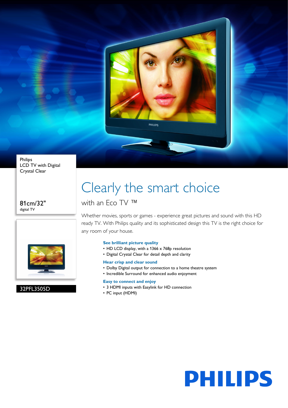 Philips 32PFL3505D-F7 User Manual | 3 pages