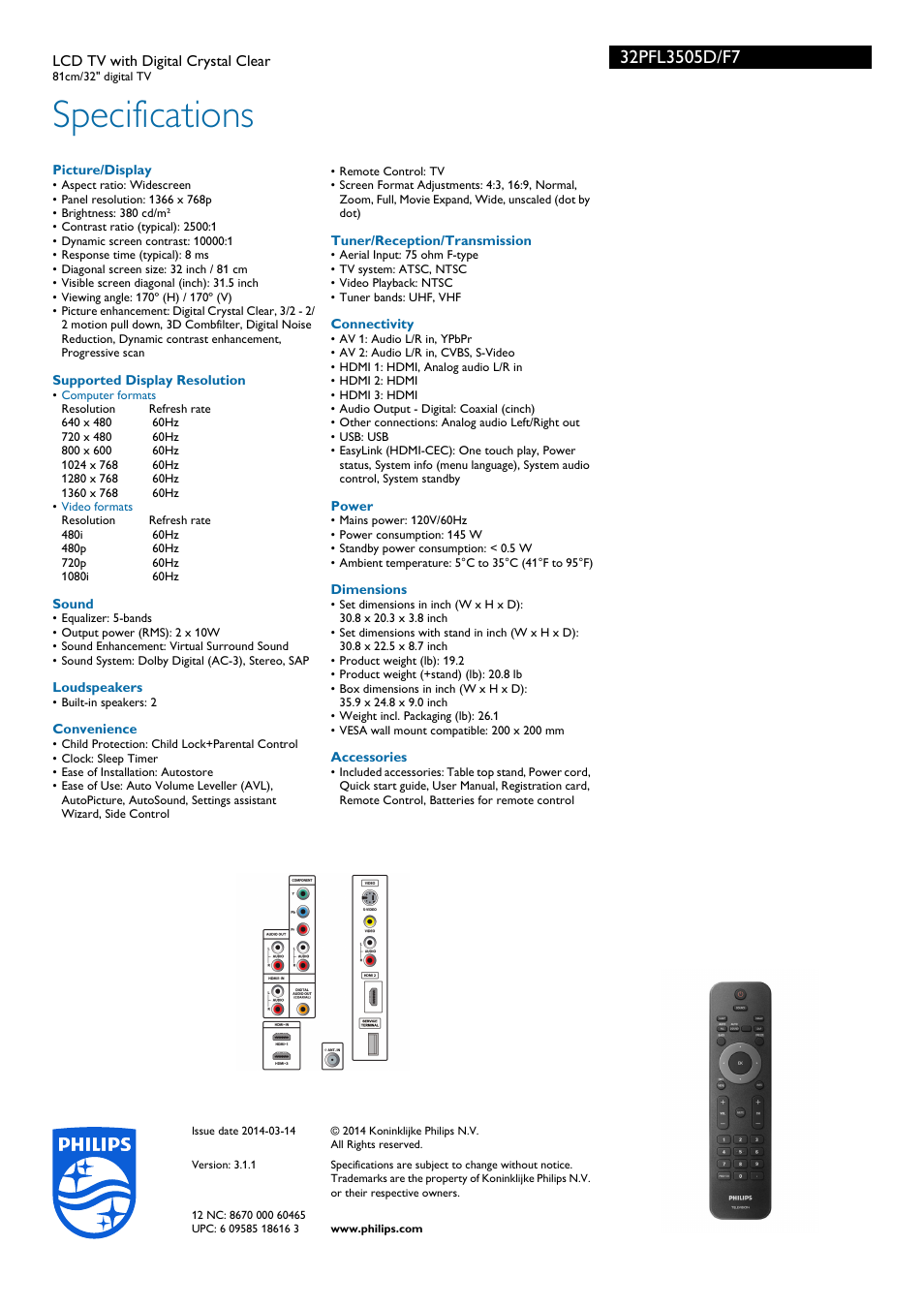 Specifications | Philips 32PFL3505D-F7 User Manual | Page 3 / 3