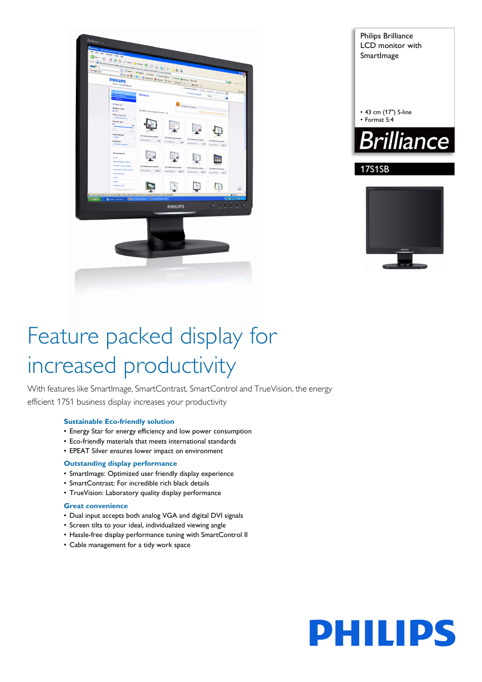Philips Brilliance LCD monitor with SmartImage 17S1SB 43 cm 17" S-line Format 54 User Manual | 3 pages