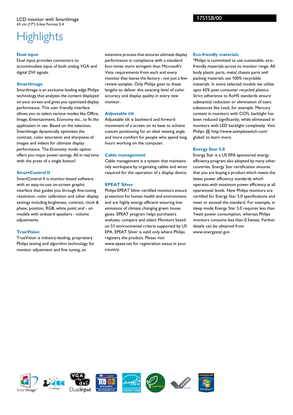 Highlights | Philips Brilliance LCD monitor with SmartImage 17S1SB 43 cm 17" S-line Format 54 User Manual | Page 2 / 3