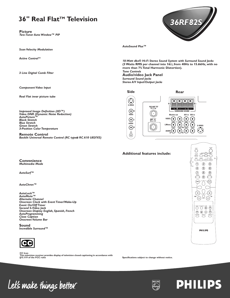 36rf82s, 36 " real flat, Television | Picture, Remote control, Convenience, Sound, Audio/video jack panel, Additional features include, Side rear | Philips 36RF82S User Manual | Page 2 / 2