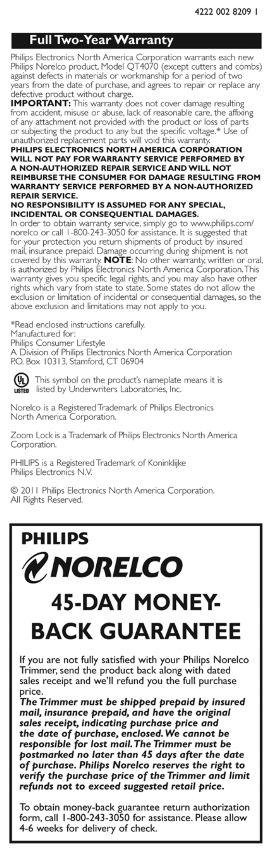 Norelco, Day money- back guarantee, Philips | Philips QT4070-32 User Manual | Page 10 / 10