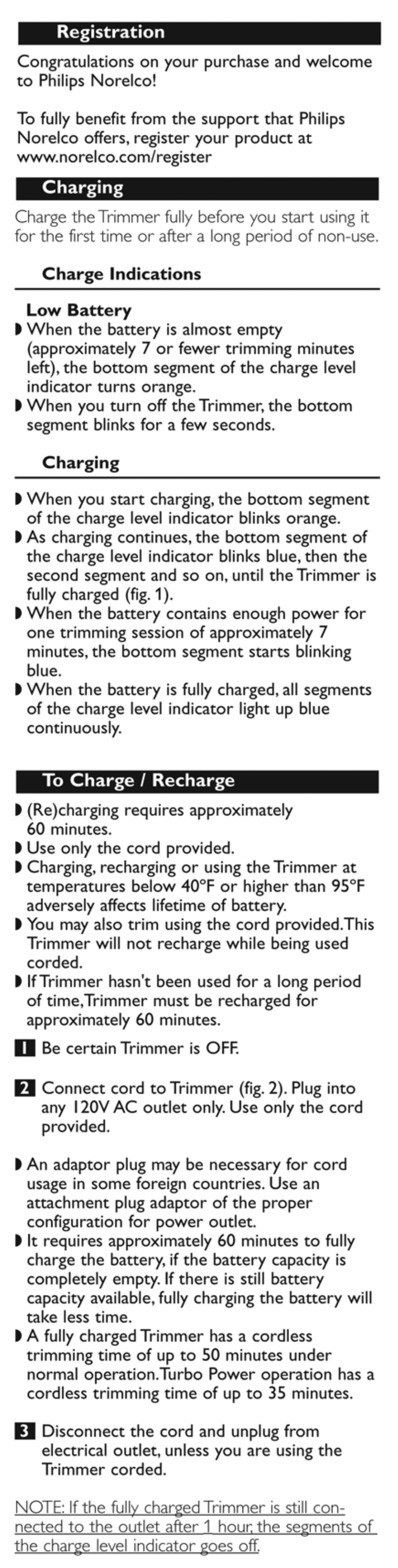 Registration, Charge indications low battery, Charging | To charge / recharge | Philips QT4070-32 User Manual | Page 3 / 10