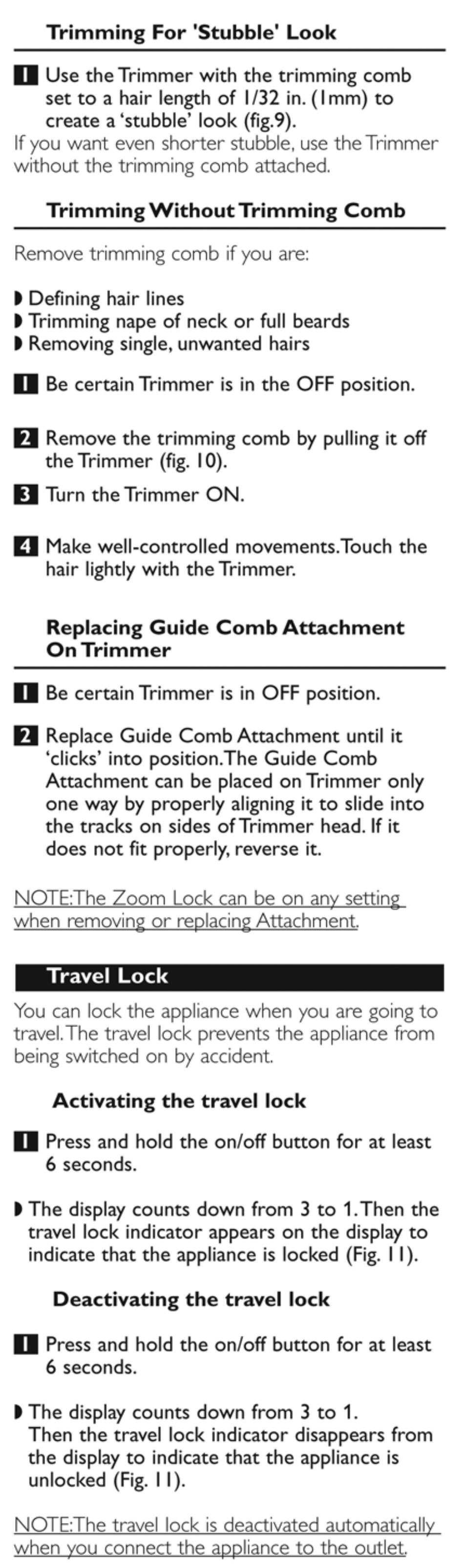 Trimming for 'stubbie' look, Trimming without trimming comb, Replacing guide comb attachment on trimmer | Travel lock, Activating the travel lock, Deactivating the travel lock | Philips QT4070-32 User Manual | Page 7 / 10