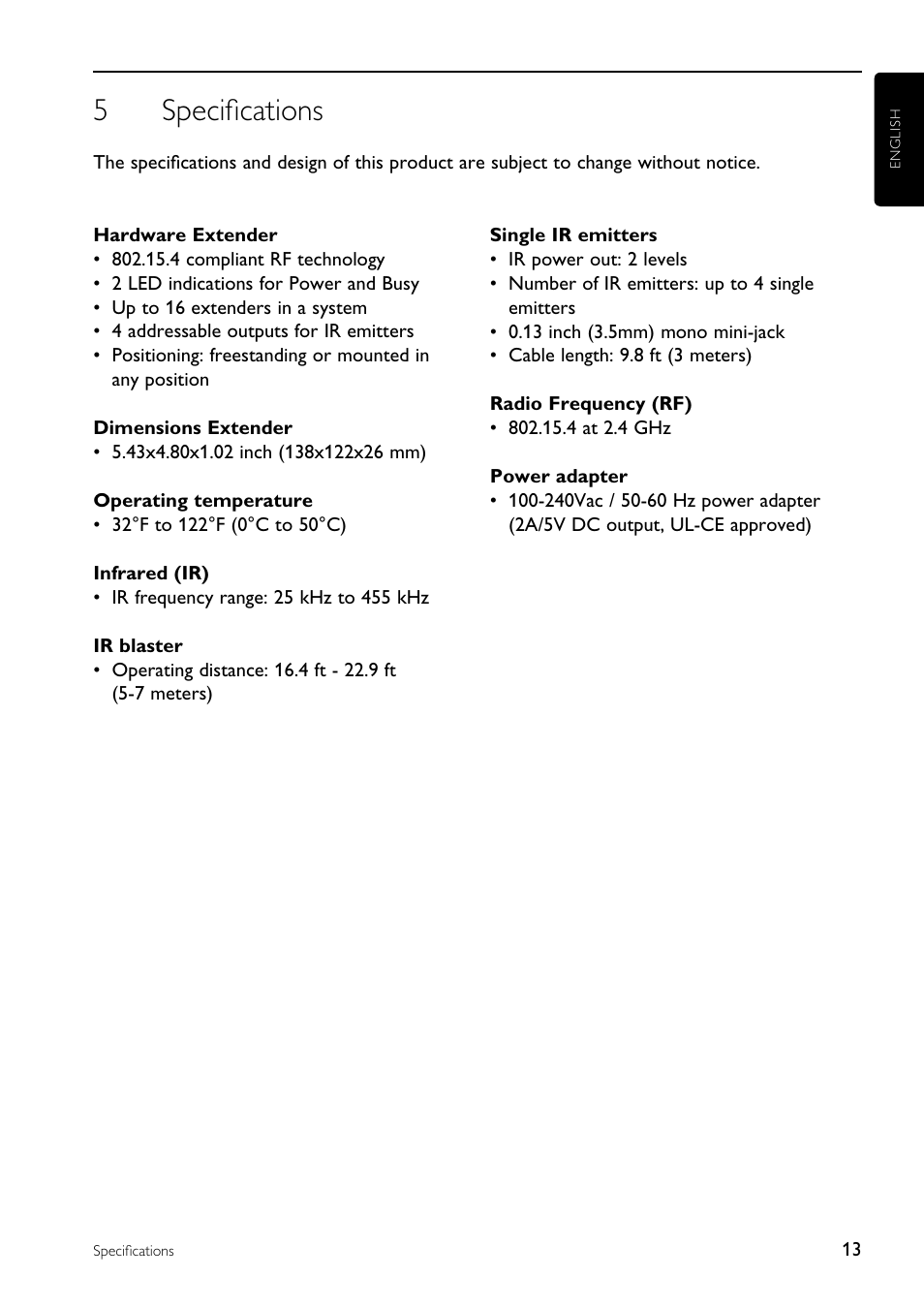 5specifications | Philips RFX9200-37 User Manual | Page 13 / 18