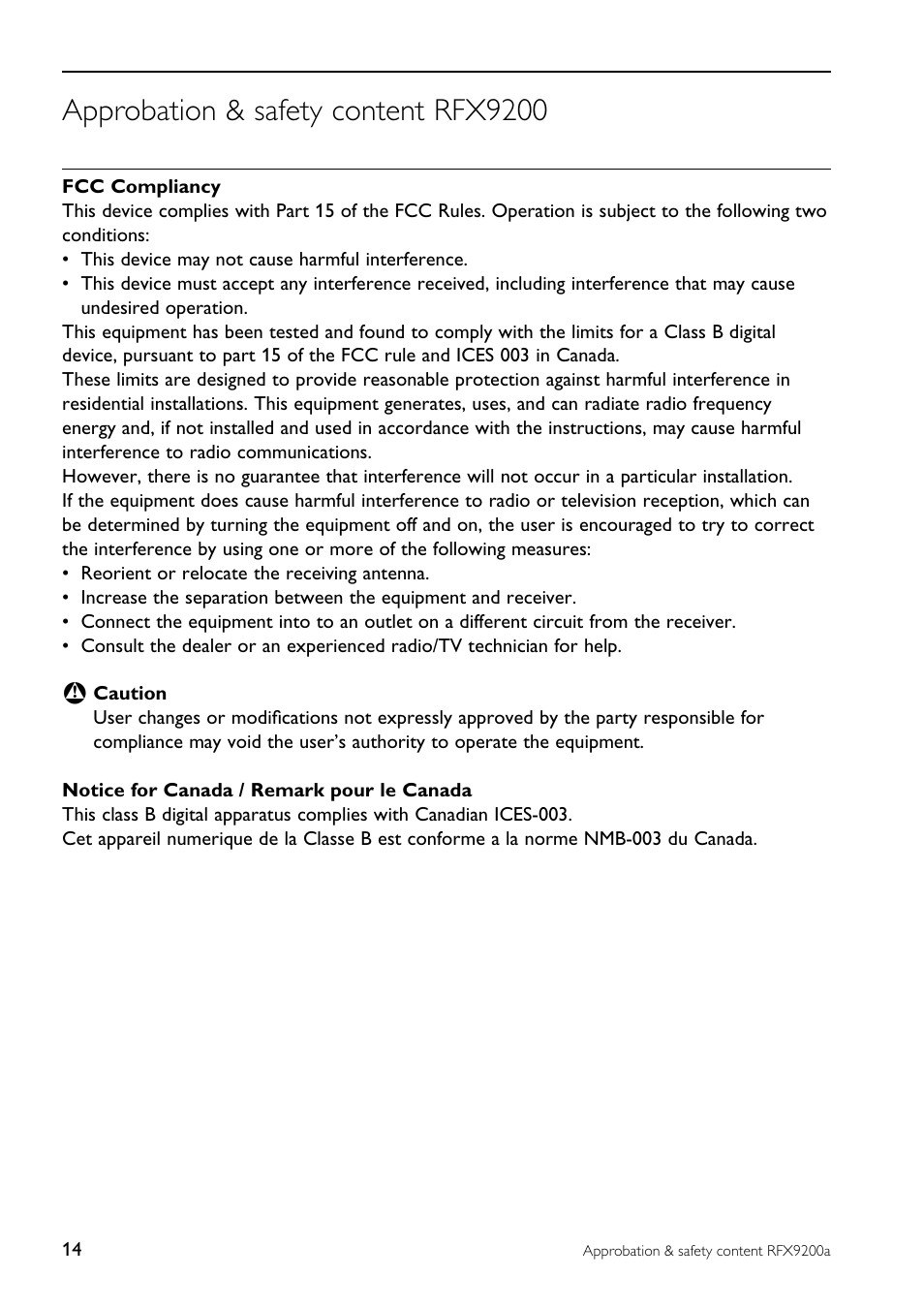 Approbation & safety content rfx9200 | Philips RFX9200-37 User Manual | Page 14 / 18