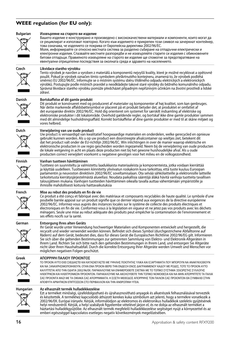 Weee regulation (for eu only) | Philips RFX9200-37 User Manual | Page 16 / 18