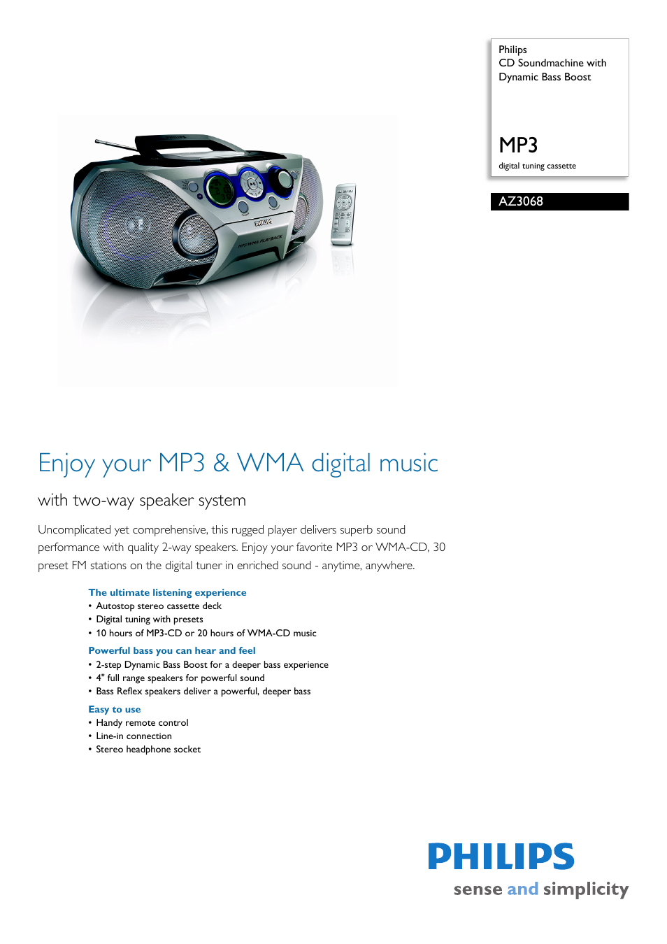 Philips MP3 CD Soundmachine Dynamic Bass Boost User Manual | 2 pages