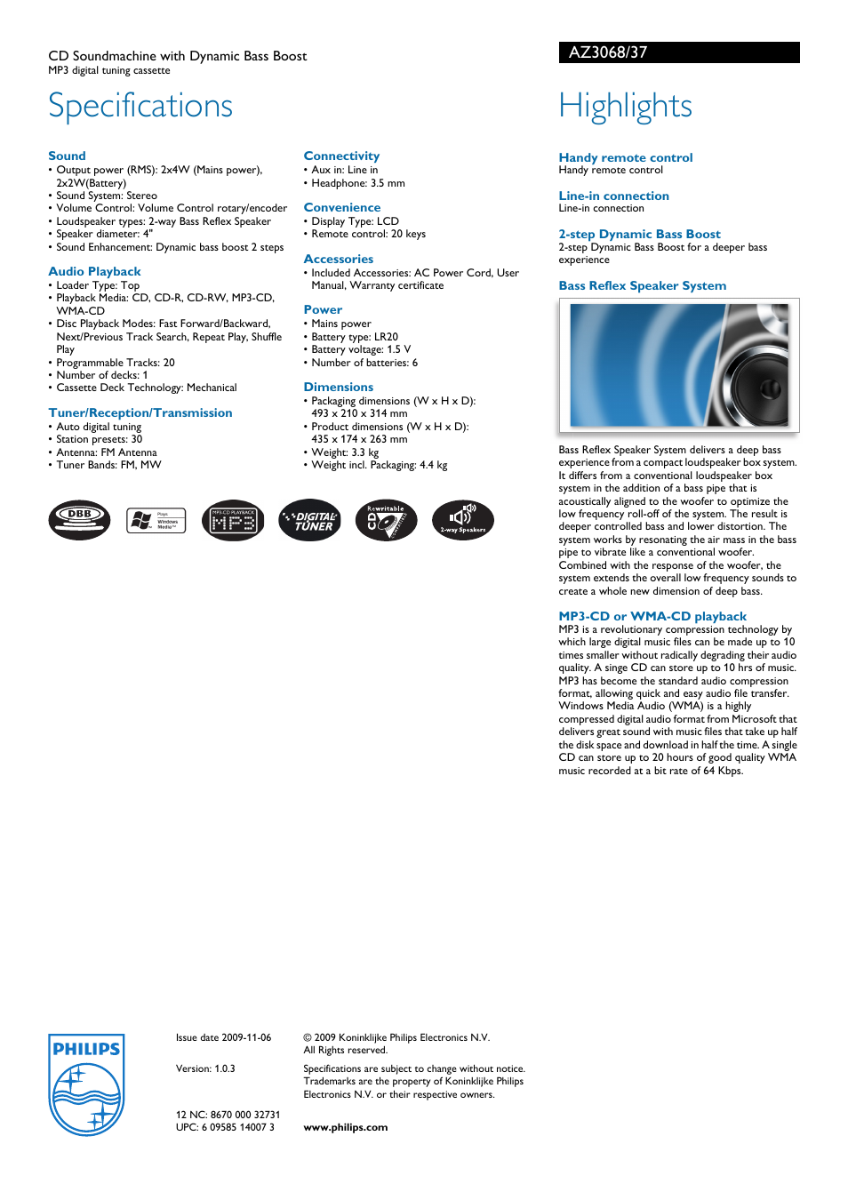 Specifications, Highlights | Philips MP3 CD Soundmachine Dynamic Bass Boost User Manual | Page 2 / 2