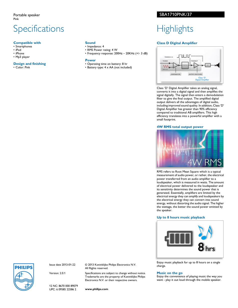 Specifications, Highlights | Philips SBA1710PNK-37 User Manual | Page 2 / 2