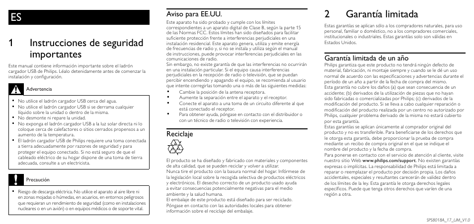 2 garantía limitada, 1 instrucciones de seguridad importantes, Aviso para ee.uu | Reciclaje, Garantía limitada de un año | Philips SPS8018A-17 User Manual | Page 2 / 2