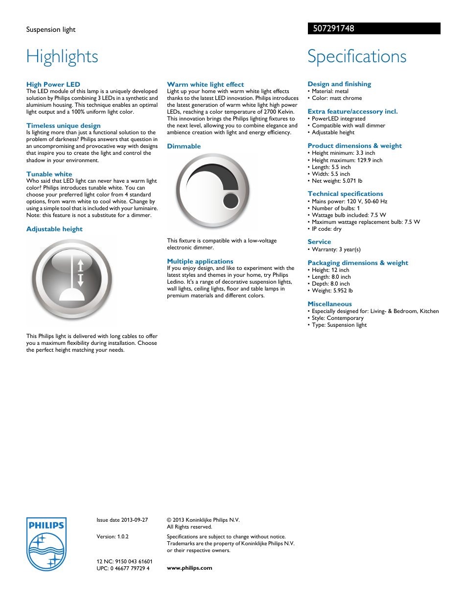 Highlights, Specifications | Philips 507291748 User Manual | Page 2 / 2