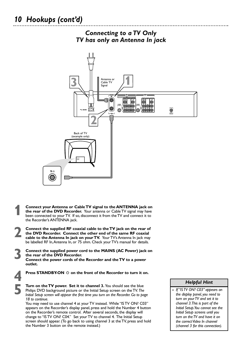 10 hookups (cont’d), Helpful hint | Philips DVDR72-99 User Manual | Page 10 / 72