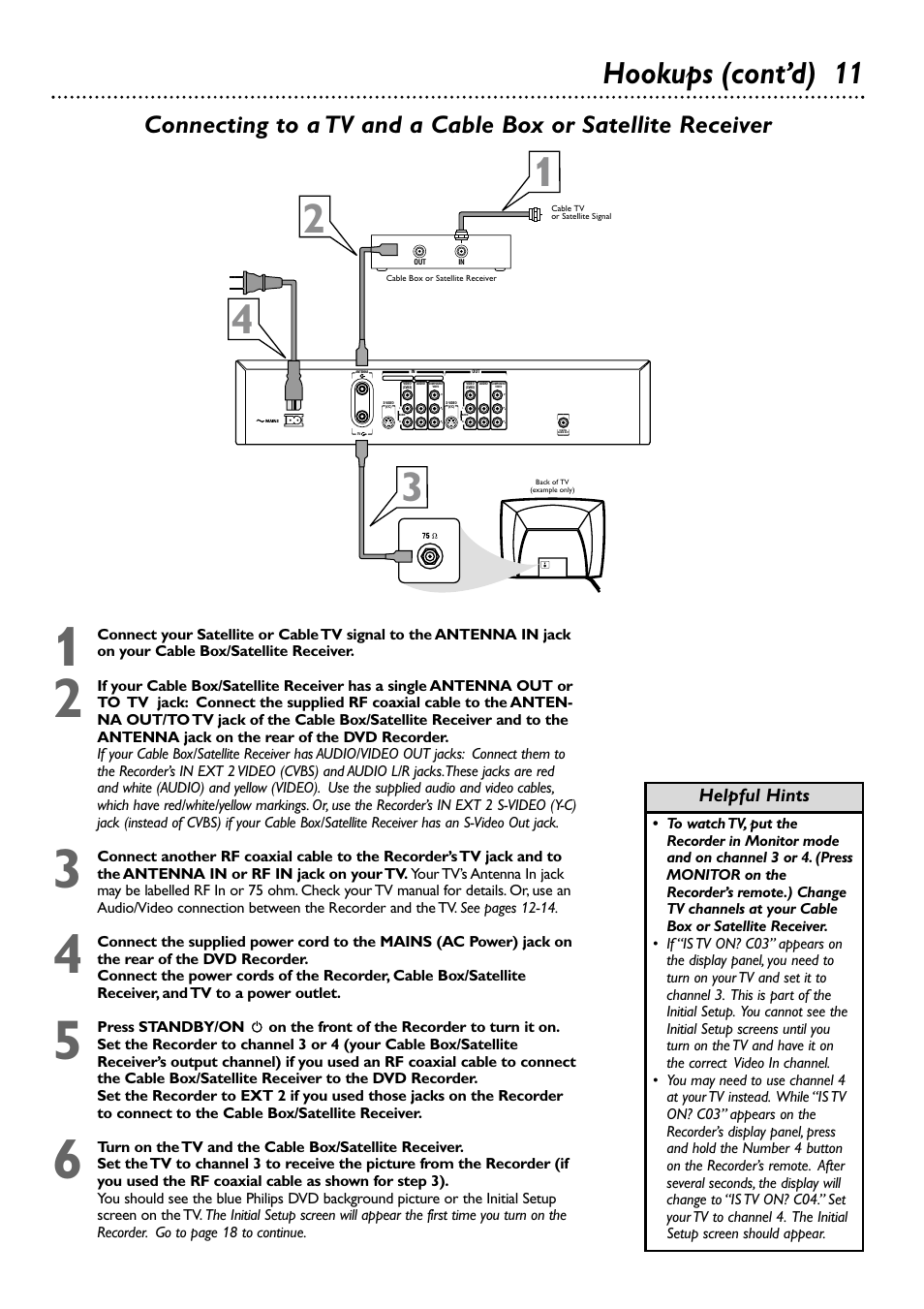 Hookups (cont’d) 11, Helpful hints | Philips DVDR72-99 User Manual | Page 11 / 72