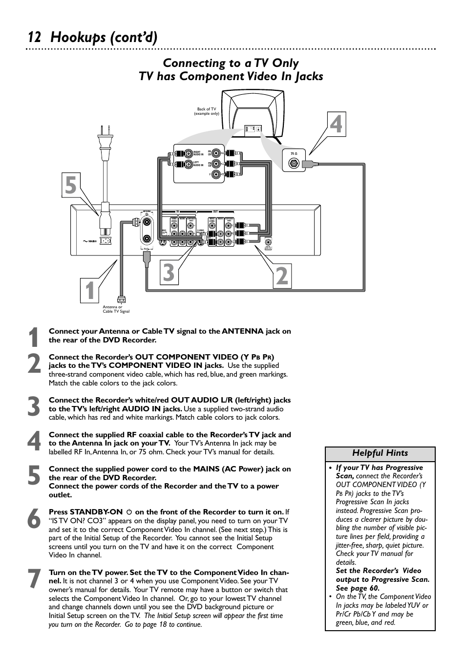 12 hookups (cont’d), Helpful hints | Philips DVDR72-99 User Manual | Page 12 / 72