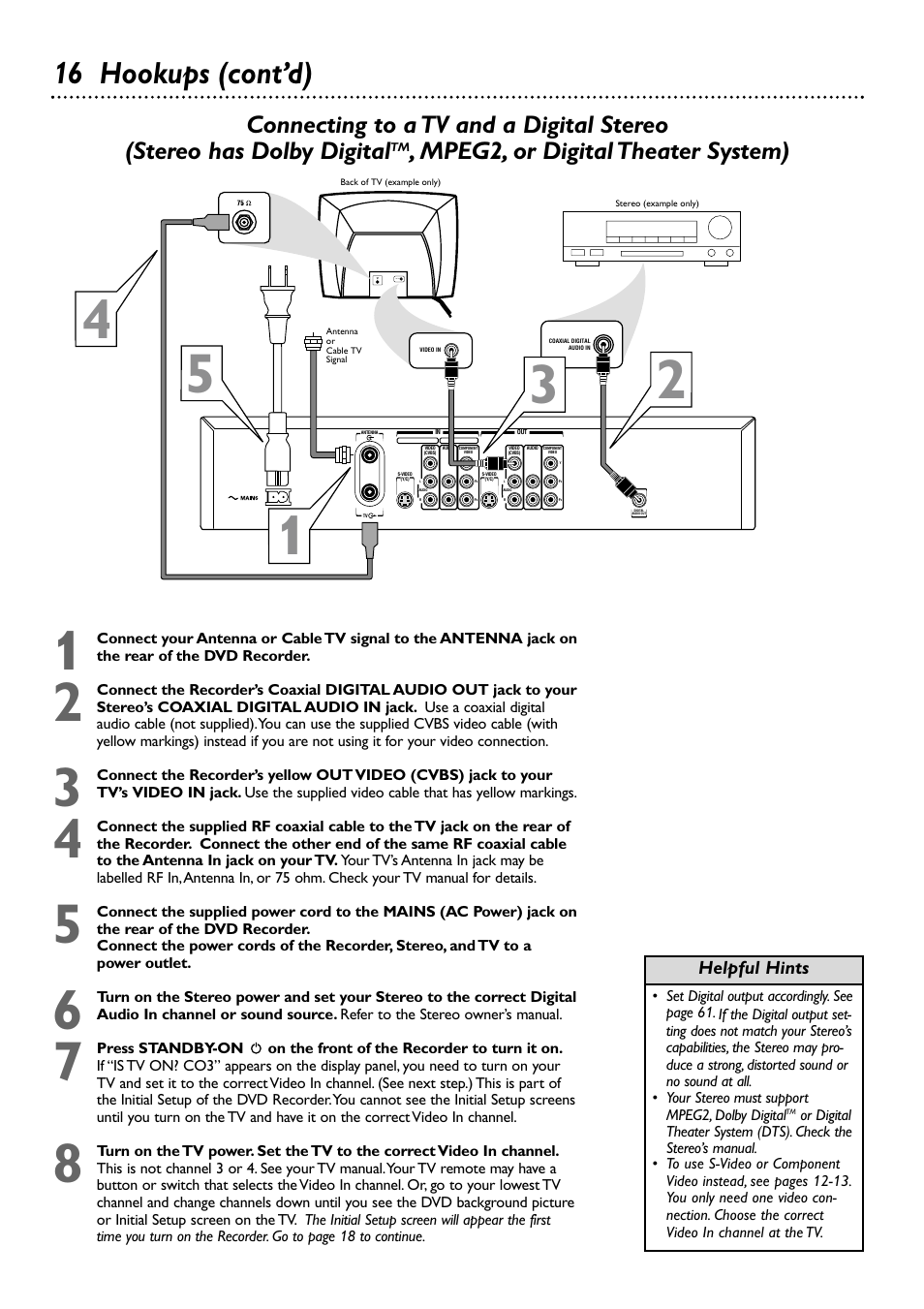 16 hookups (cont’d), Mpeg2, or digital theater system) | Philips DVDR72-99 User Manual | Page 16 / 72