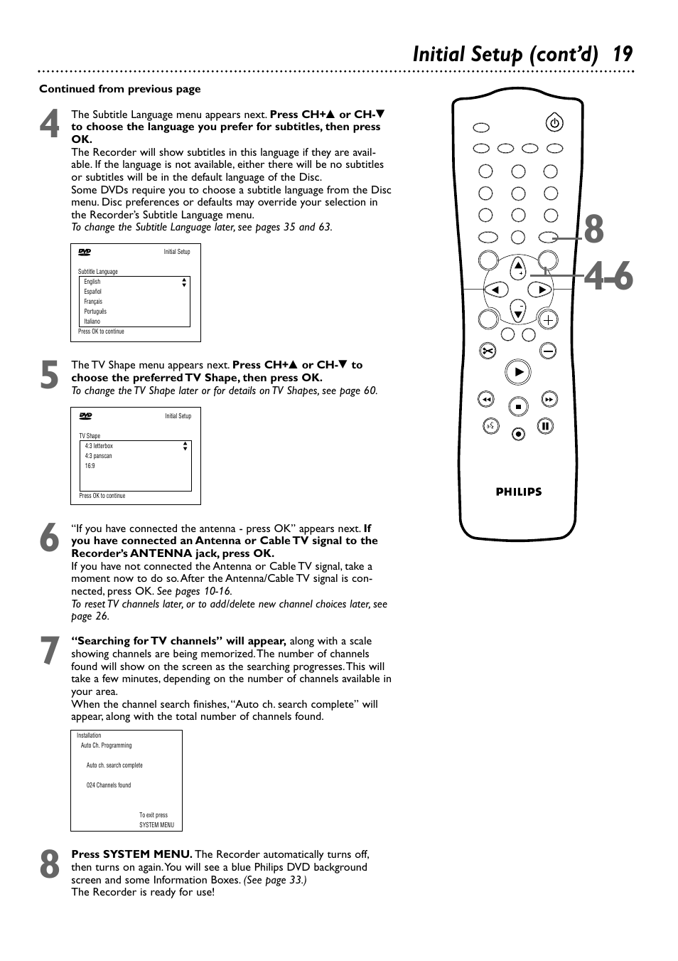 Initial setup (cont’d) 19 | Philips DVDR72-99 User Manual | Page 19 / 72