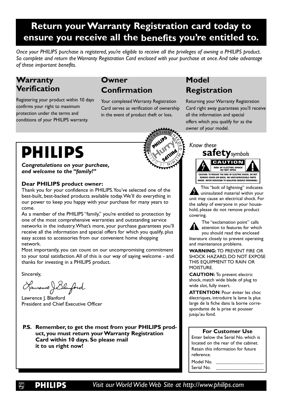Safety, Hurry, Warranty verification | Owner confirmation, Model registration, Know these, Symbols | Philips DVDR72-99 User Manual | Page 2 / 72