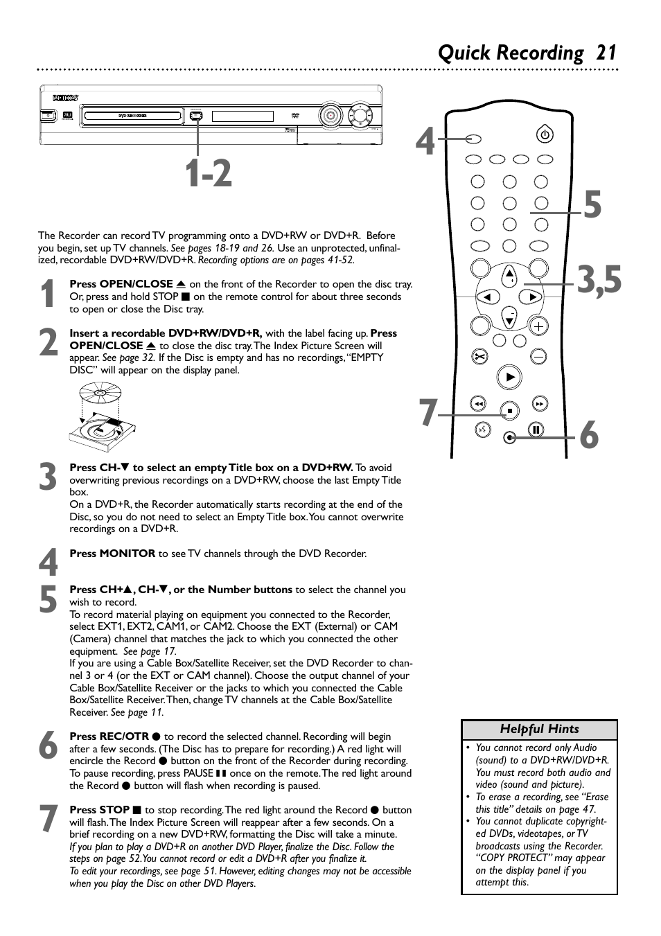 Quick recording 21 | Philips DVDR72-99 User Manual | Page 21 / 72
