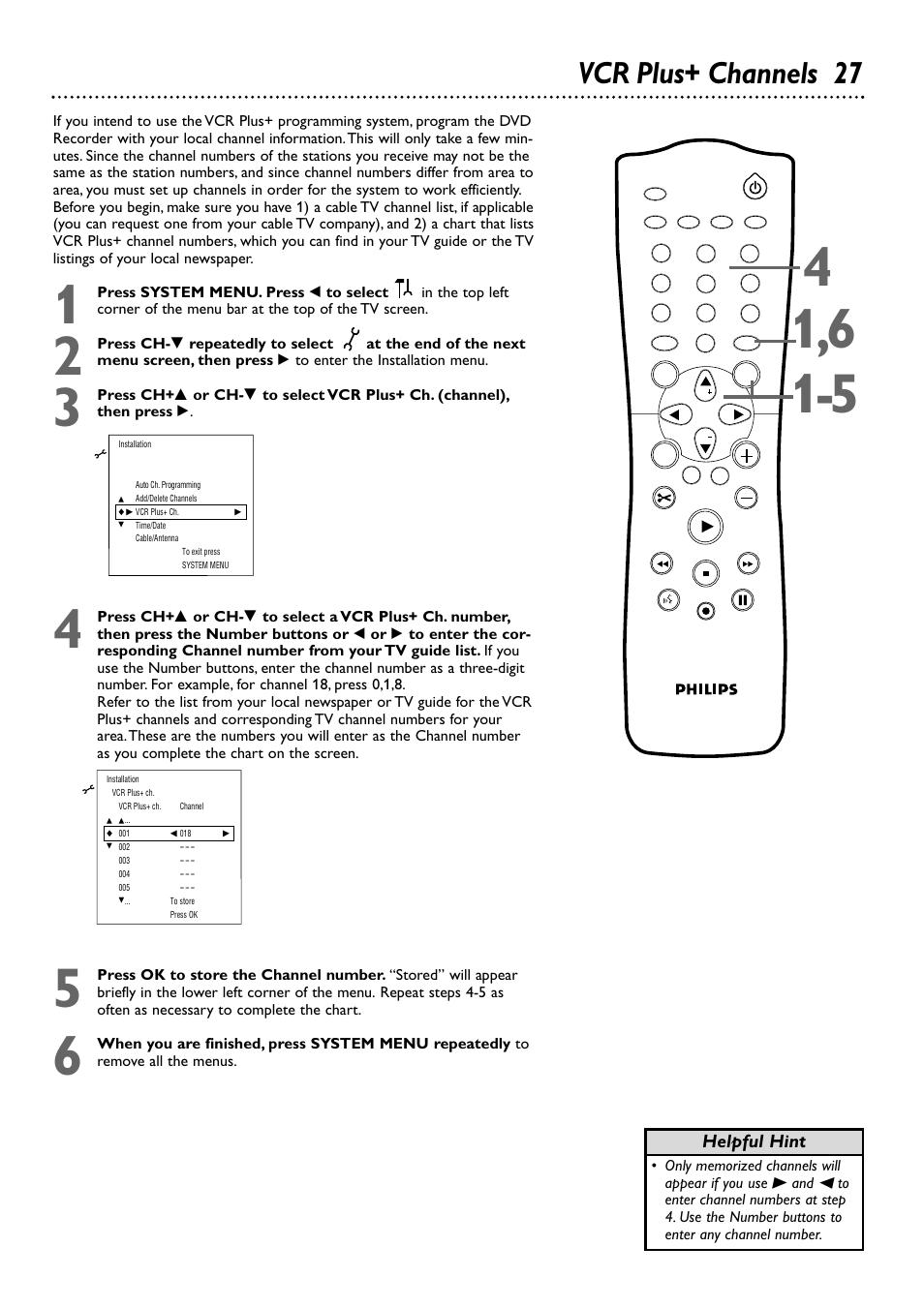 Vcr plus+ channels 27, Helpful hint | Philips DVDR72-99 User Manual | Page 27 / 72