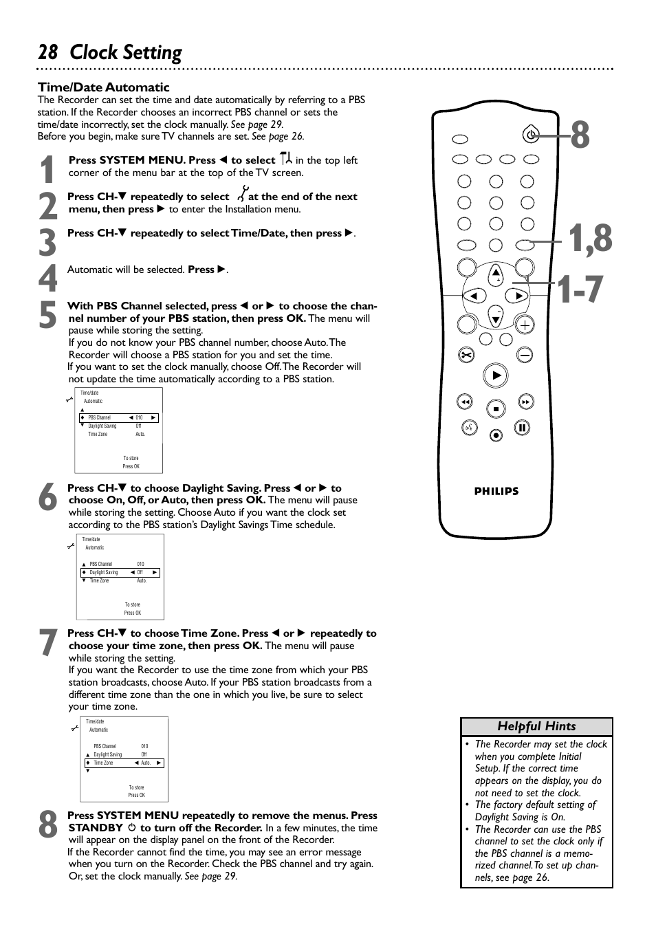 28 clock setting, Time/date automatic, Helpful hints | Philips DVDR72-99 User Manual | Page 28 / 72