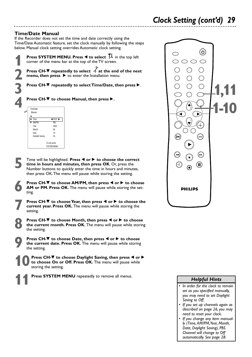Clock setting (cont’d) 29 | Philips DVDR72-99 User Manual | Page 29 / 72