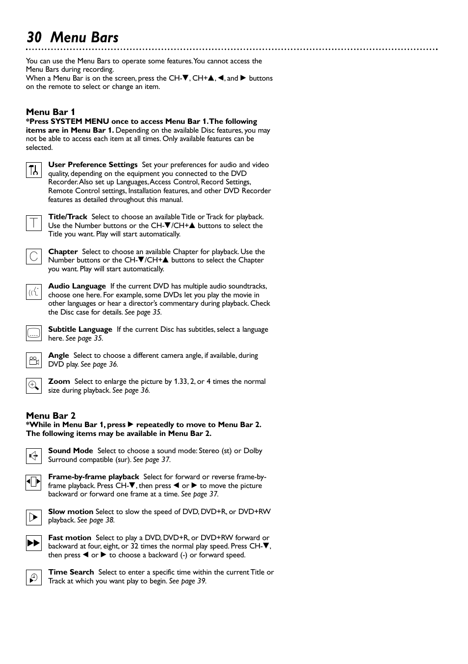 30 menu bars | Philips DVDR72-99 User Manual | Page 30 / 72