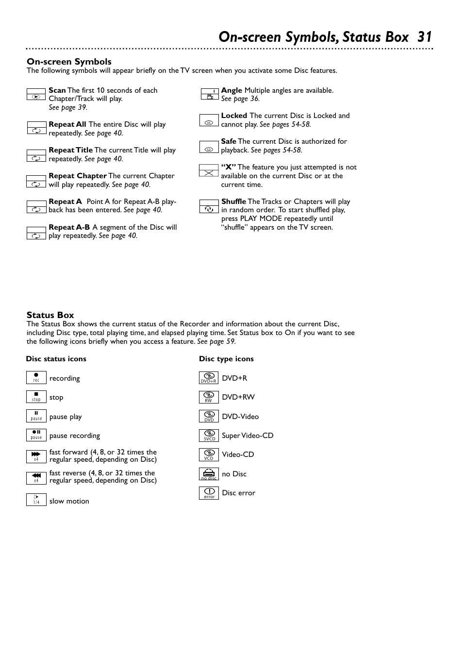 On-screen symbols, status box 31, Status box, On-screen symbols | Philips DVDR72-99 User Manual | Page 31 / 72