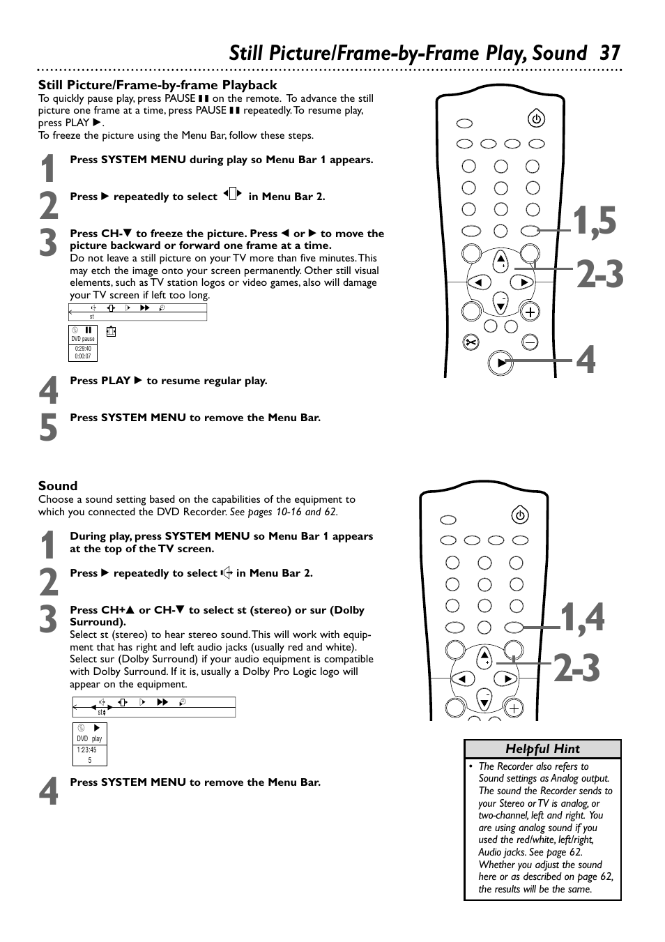 Still picture/frame-by-frame play, sound 37 | Philips DVDR72-99 User Manual | Page 37 / 72