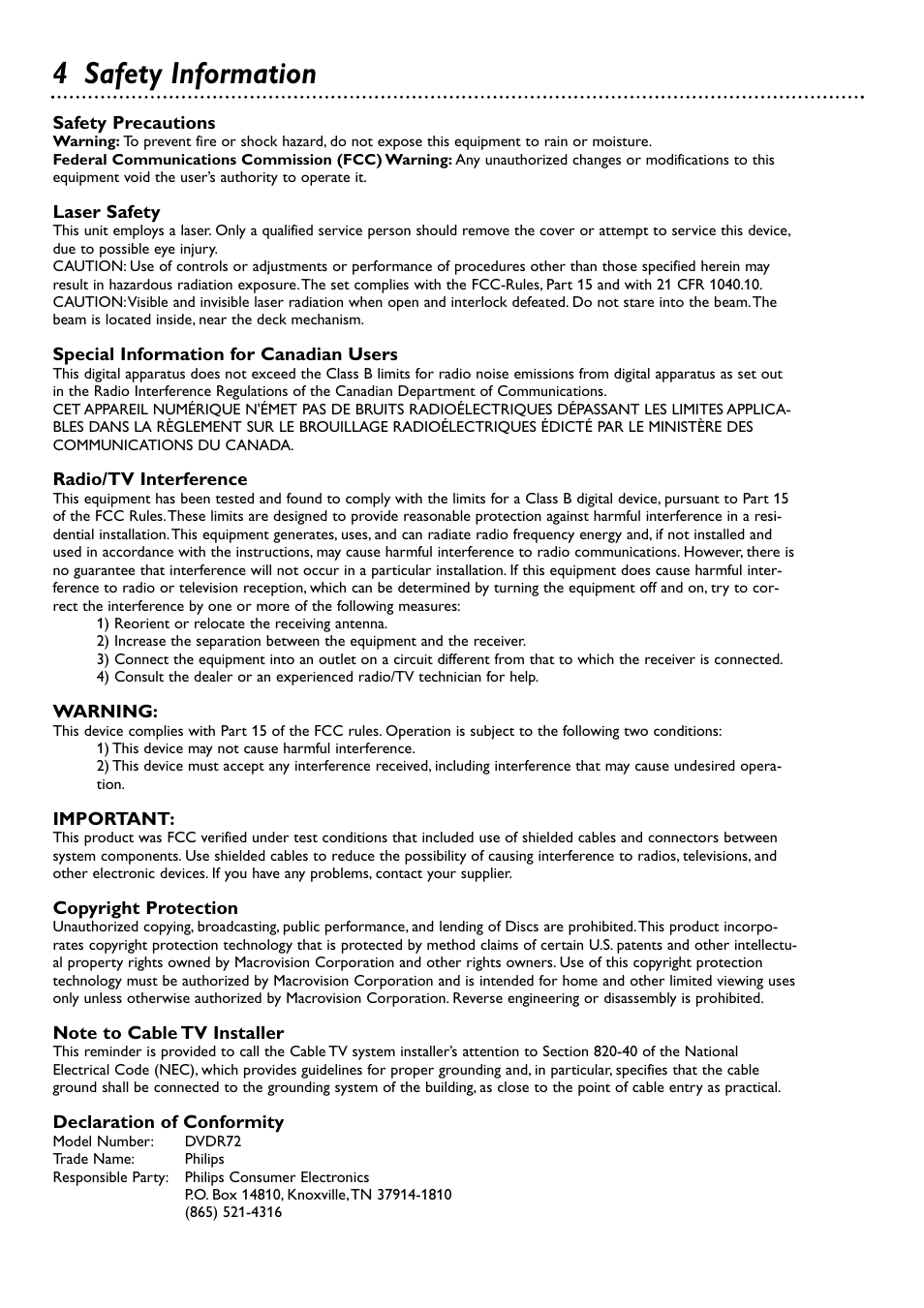 4 safety information | Philips DVDR72-99 User Manual | Page 4 / 72
