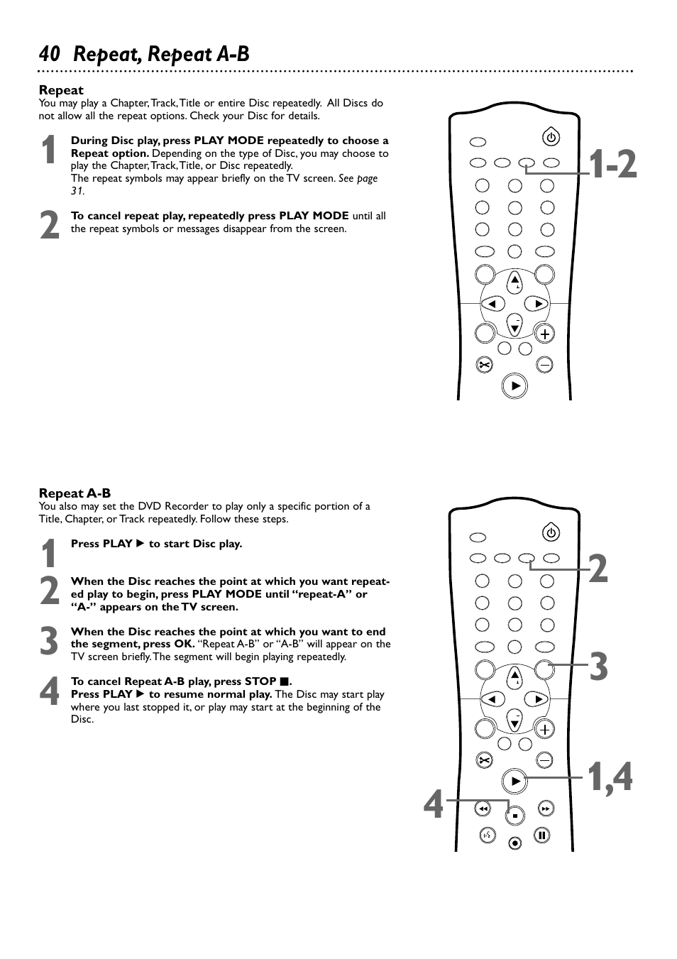40 repeat, repeat a-b | Philips DVDR72-99 User Manual | Page 40 / 72