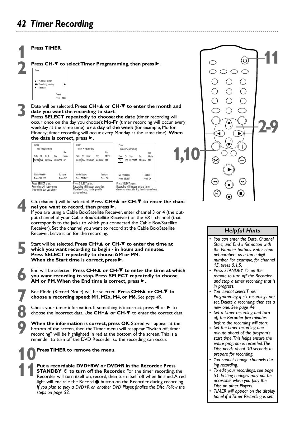 42 timer recording | Philips DVDR72-99 User Manual | Page 42 / 72