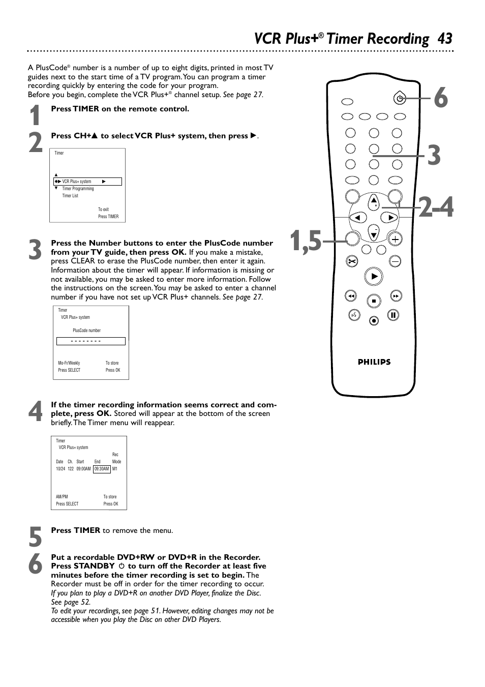 Vcr plus, Timer recording 43 | Philips DVDR72-99 User Manual | Page 43 / 72
