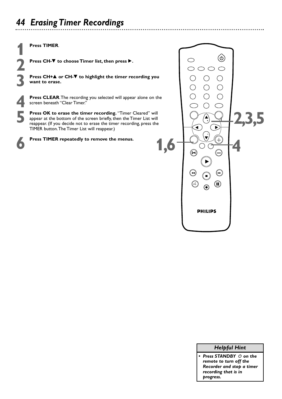 44 erasing timer recordings | Philips DVDR72-99 User Manual | Page 44 / 72