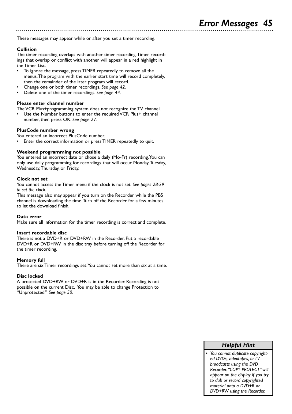 Error messages 45 | Philips DVDR72-99 User Manual | Page 45 / 72