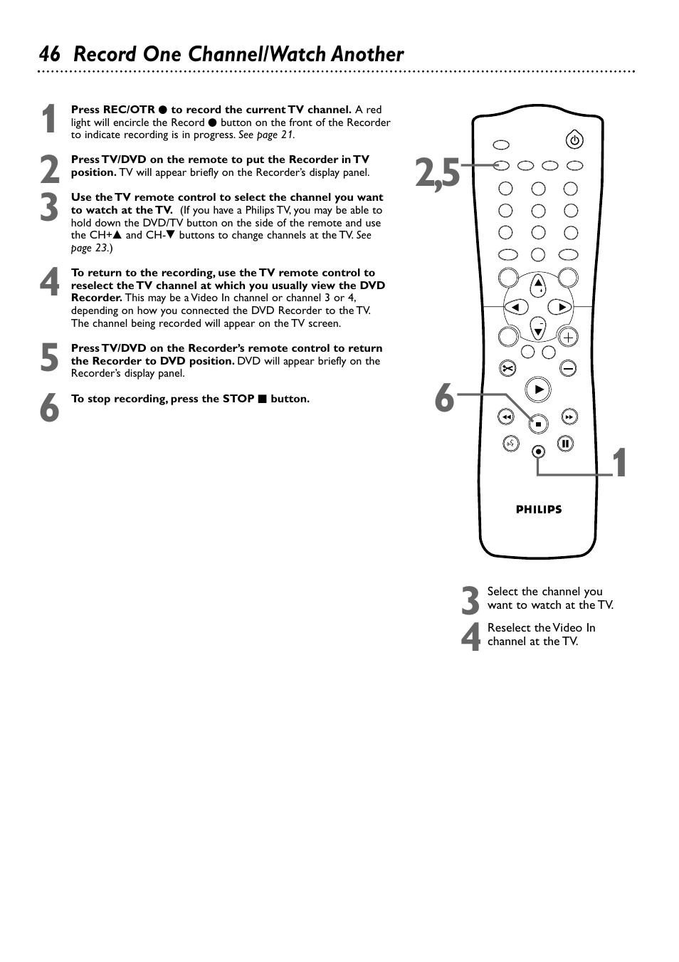 46 record one channel/watch another | Philips DVDR72-99 User Manual | Page 46 / 72