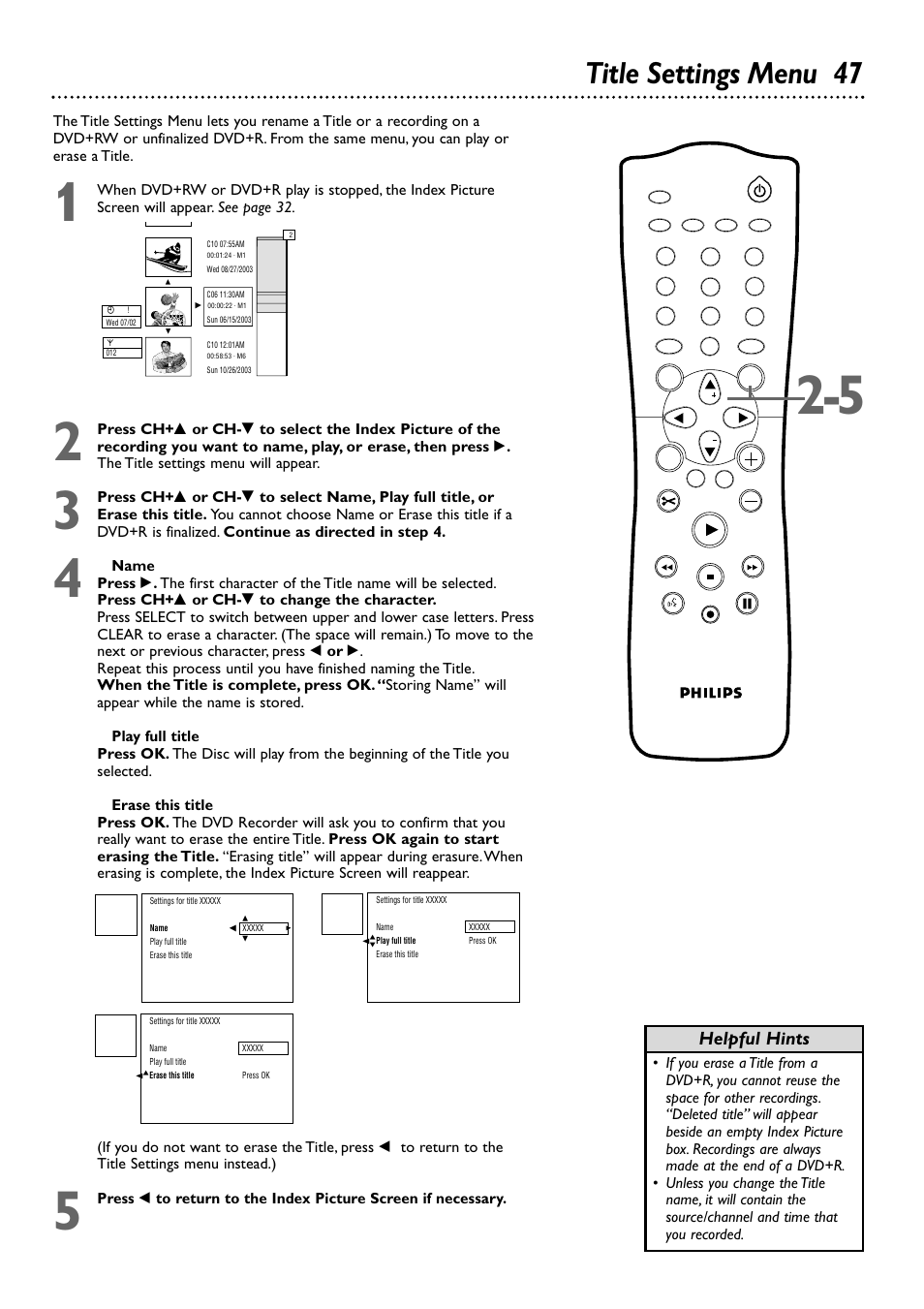 Title settings menu 47, Helpful hints | Philips DVDR72-99 User Manual | Page 47 / 72