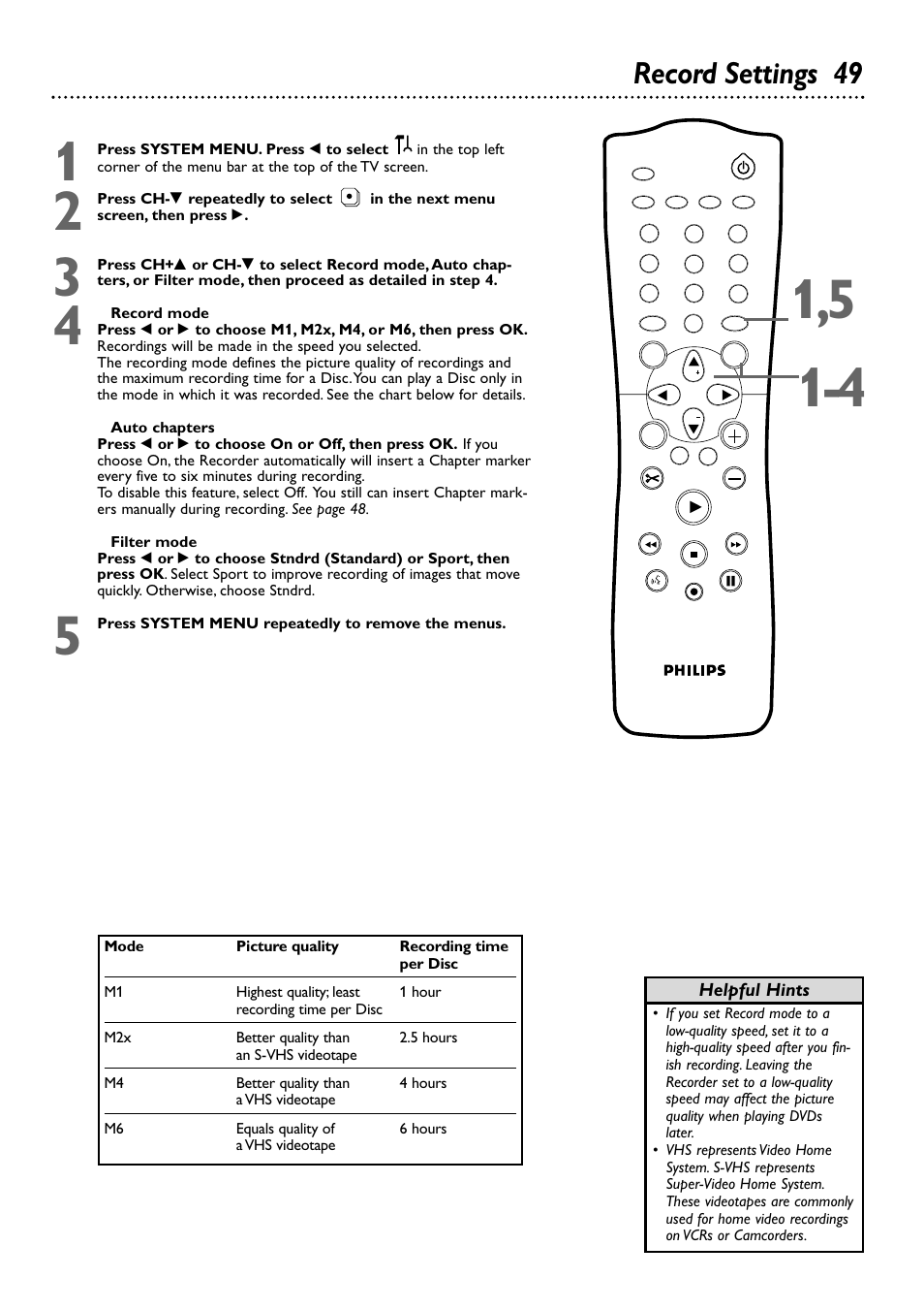 Record settings 49 | Philips DVDR72-99 User Manual | Page 49 / 72