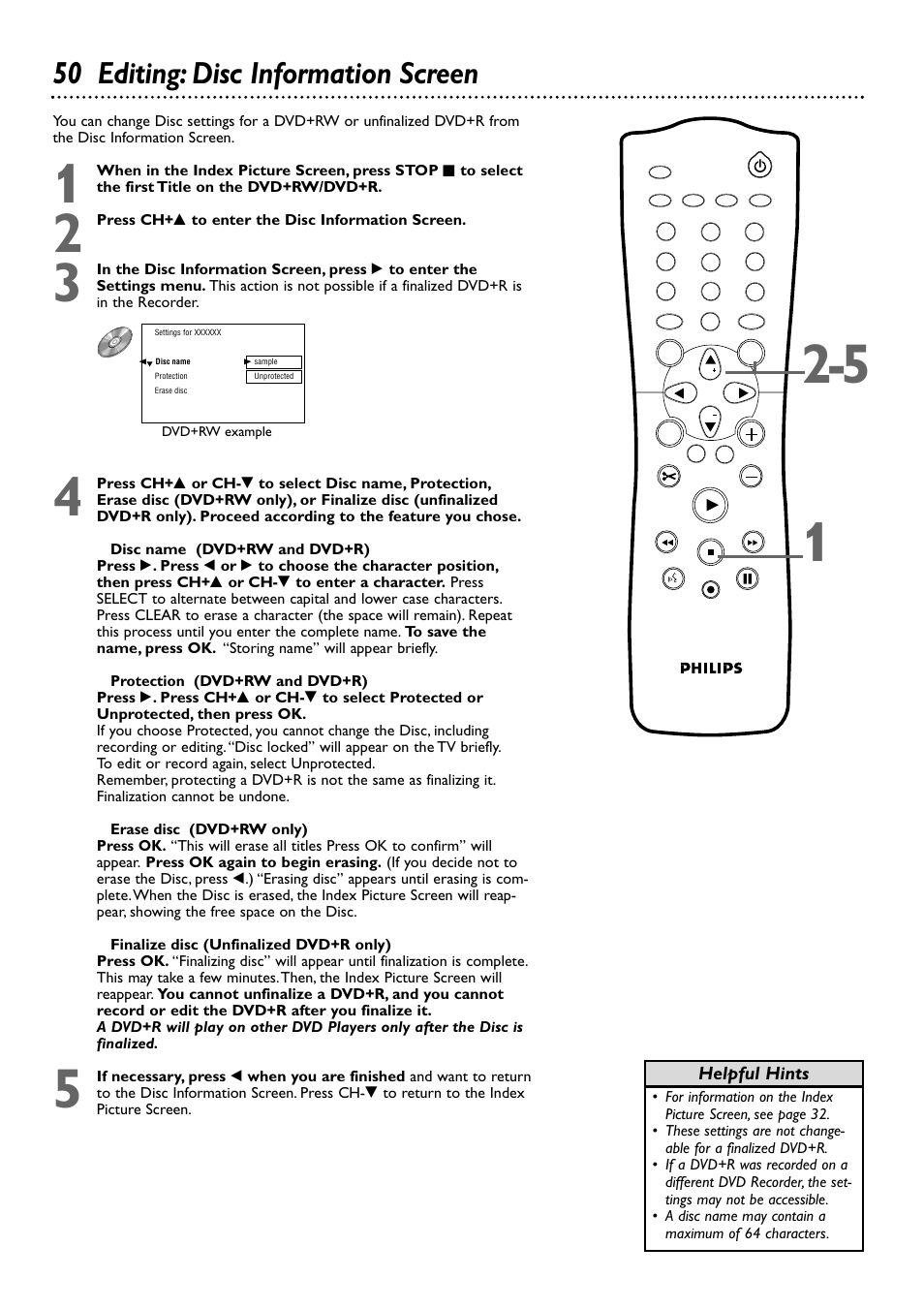 50 editing: disc information screen | Philips DVDR72-99 User Manual | Page 50 / 72