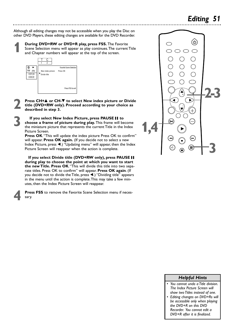 Editing 51, Helpful hints | Philips DVDR72-99 User Manual | Page 51 / 72