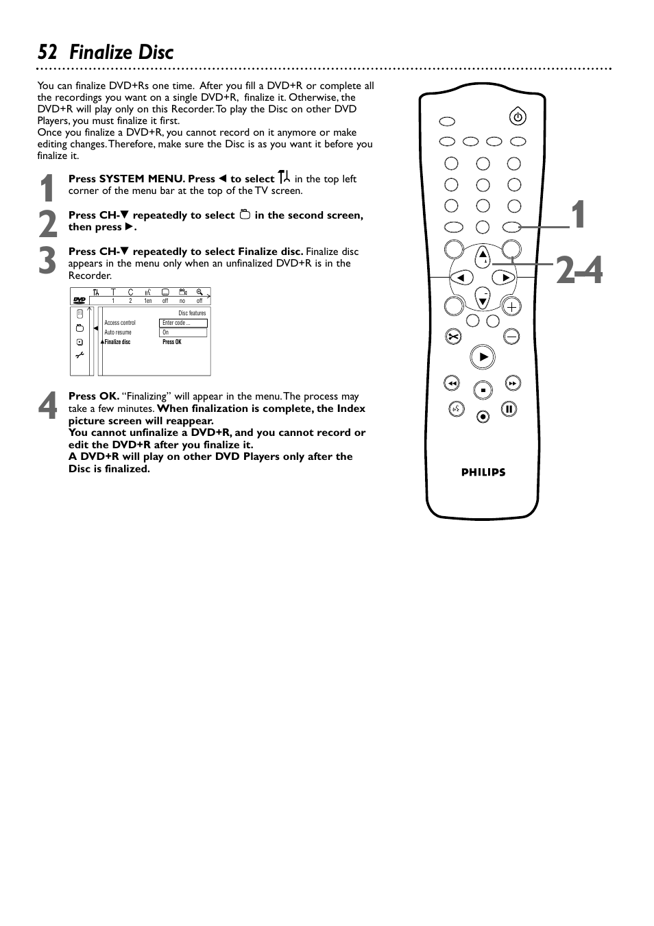 52 finalize disc | Philips DVDR72-99 User Manual | Page 52 / 72