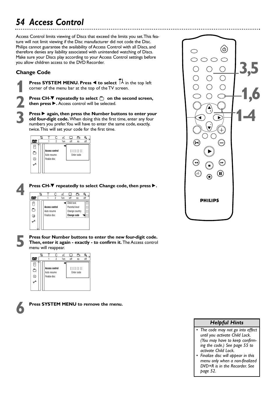 54 access control, Change code, Helpful hints | Philips DVDR72-99 User Manual | Page 54 / 72