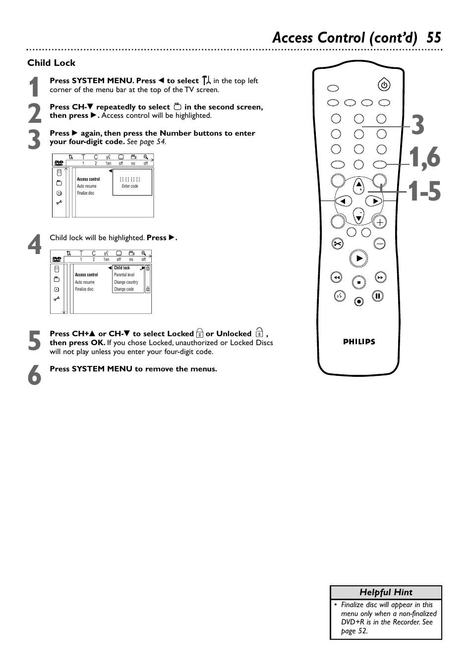 Access control (cont’d) 55, Child lock, Helpful hint | Philips DVDR72-99 User Manual | Page 55 / 72