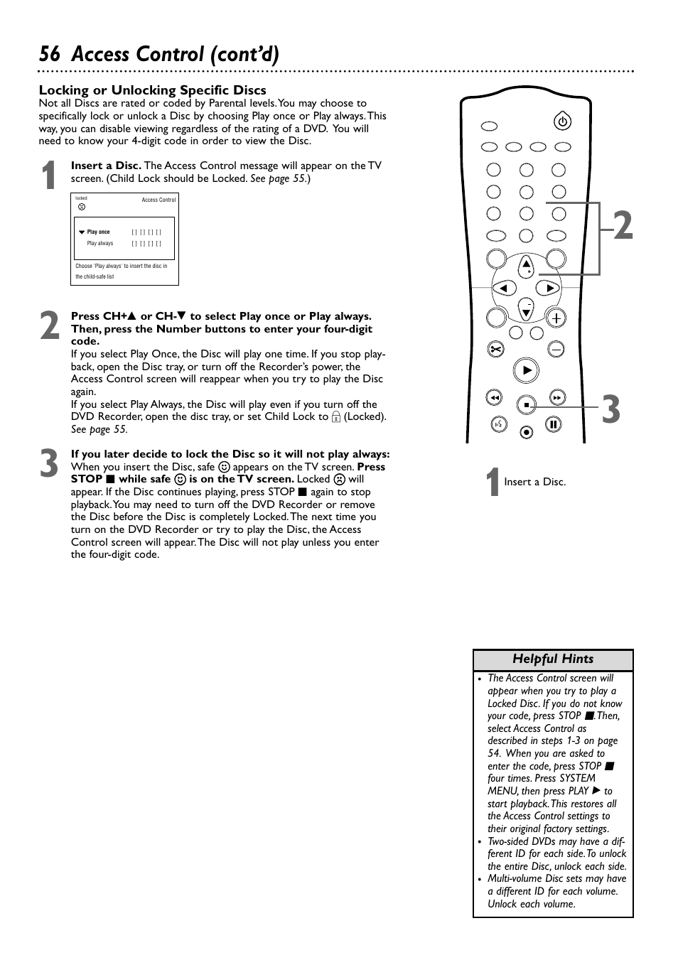 56 access control (cont’d), Helpful hints, Locking or unlocking specific discs | Philips DVDR72-99 User Manual | Page 56 / 72