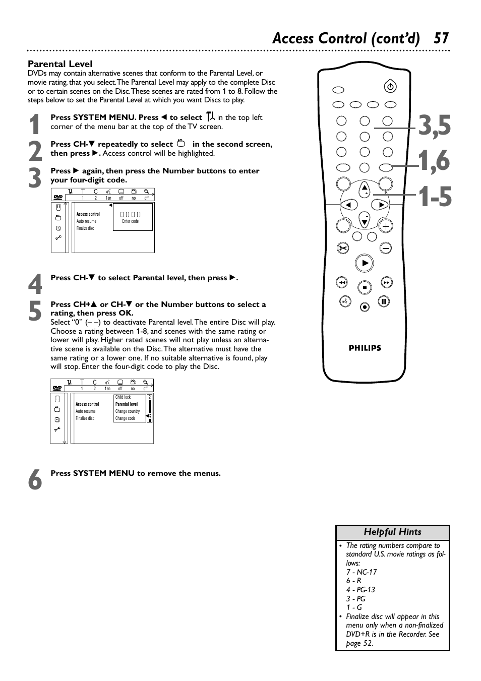 Access control (cont’d) 57, Parental level, Helpful hints | Philips DVDR72-99 User Manual | Page 57 / 72