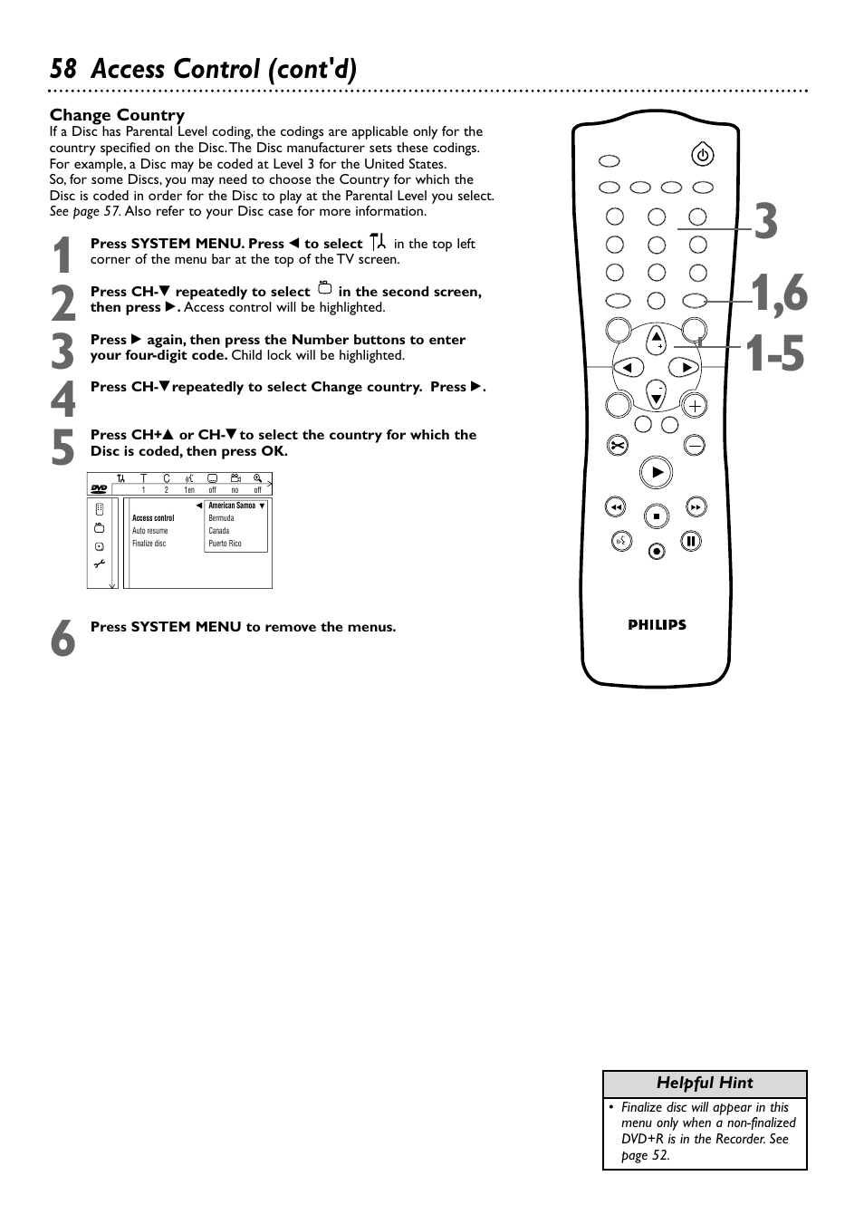 58 access control (cont'd) | Philips DVDR72-99 User Manual | Page 58 / 72