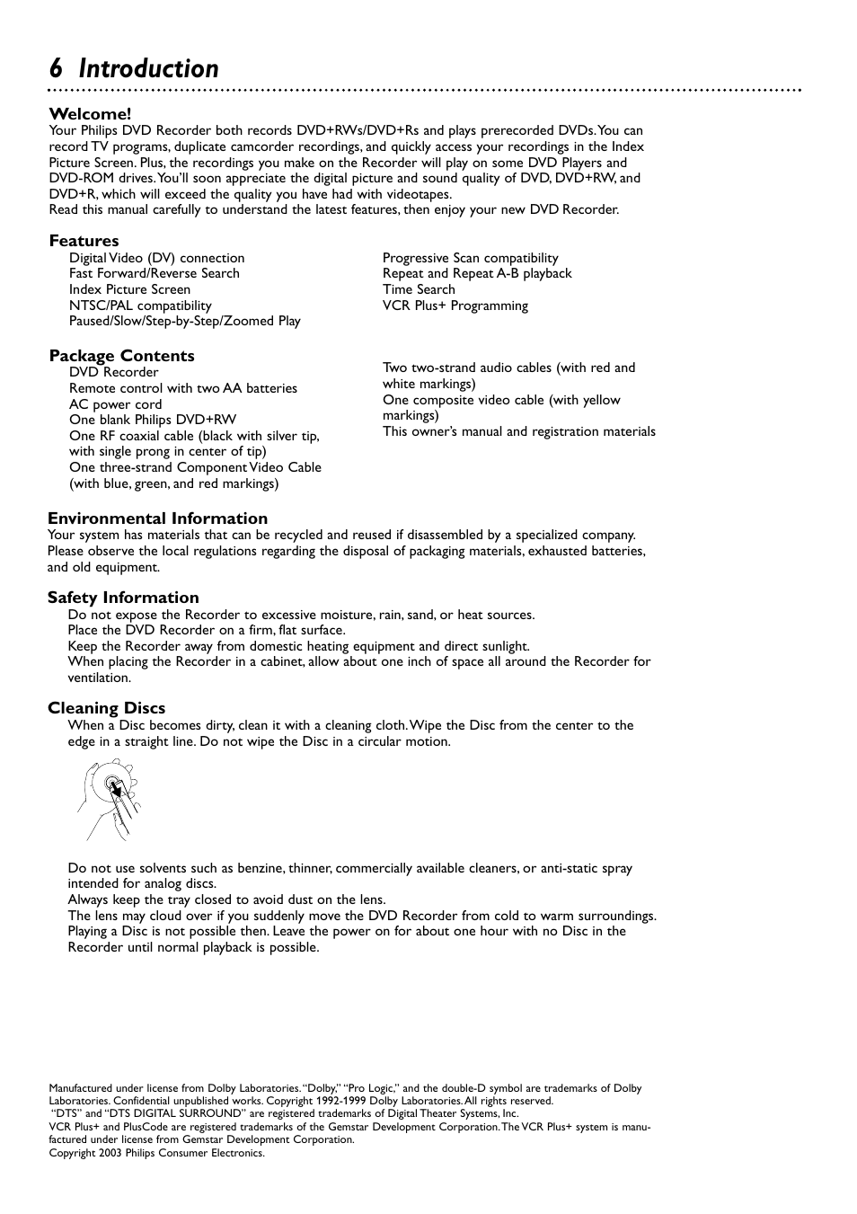 6 introduction, Welcome, Features | Package contents, Environmental information, Safety information, Cleaning discs | Philips DVDR72-99 User Manual | Page 6 / 72