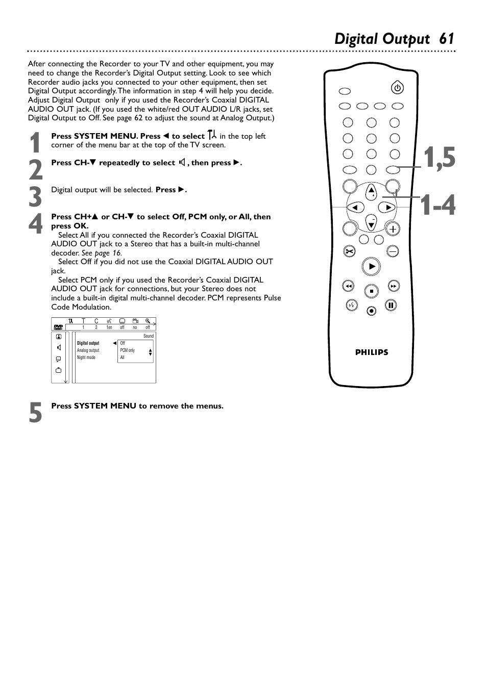 Digital output 61 | Philips DVDR72-99 User Manual | Page 61 / 72